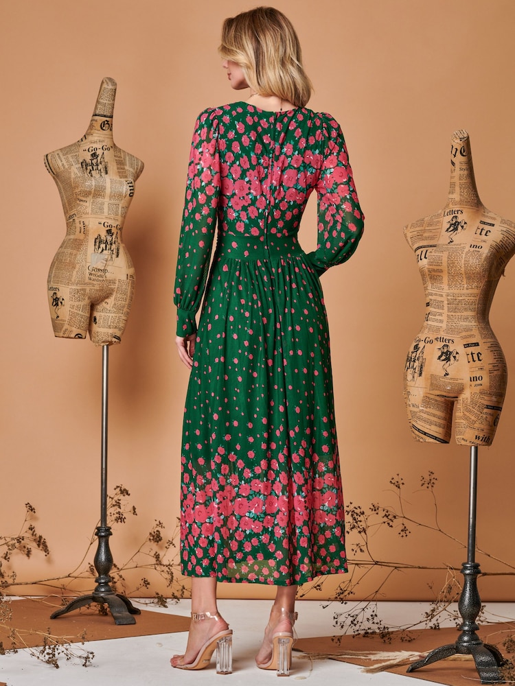 Jolie Moi Green Symmetrical Print Mesh Maxi Dress - Image 2 of 5