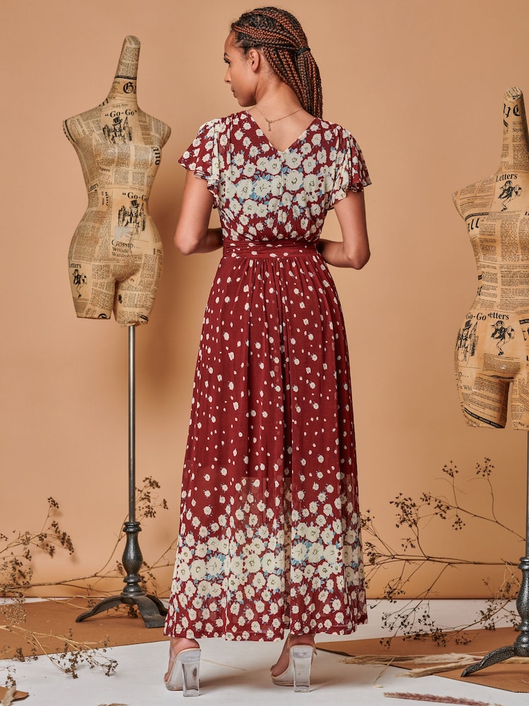Jolie Moi Red Carlii Symmetrical Print Mesh Maxi Dress - Image 2 of 5