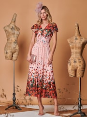 Jolie Moi Pink Symmetrical Floral Print Mesh Maxi Dress - Image 1 of 5