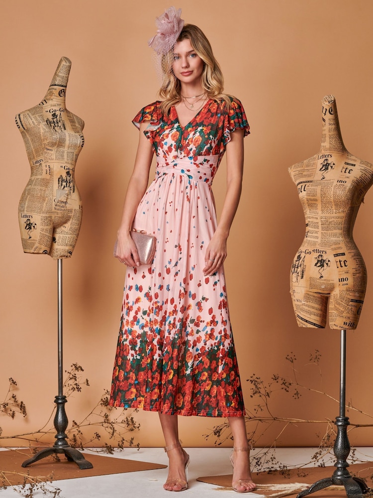 Jolie Moi Pink Symmetrical Floral Print Mesh Maxi Dress - Image 1 of 5
