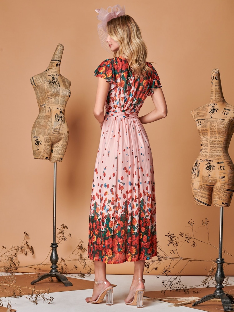 Jolie Moi Pink Symmetrical Floral Print Mesh Maxi Dress - Image 2 of 5