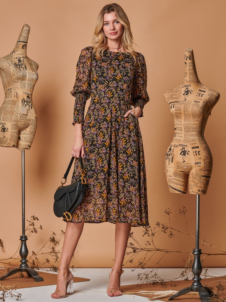 Schwarz - Jolie Moi Chiffon-Midikleid mit gesmokten Bündchen​​​​​​​ - Bild 1 von 6