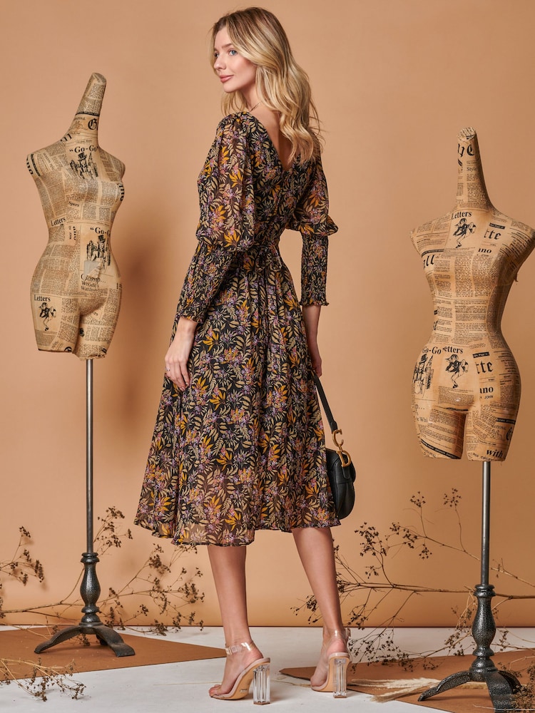 Schwarz - Jolie Moi Chiffon-Midikleid mit gesmokten Bündchen​​​​​​​ - Bild 2 von 6