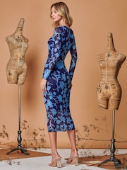 Jolie Moi Blue Long Sleeve Mesh Bodycon Maxi Dress - Image 2 of 5
