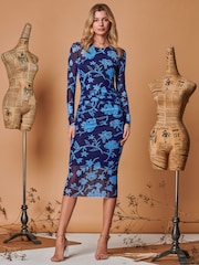 Jolie Moi Blue Long Sleeve Mesh Bodycon Maxi Dress - Image 4 of 5