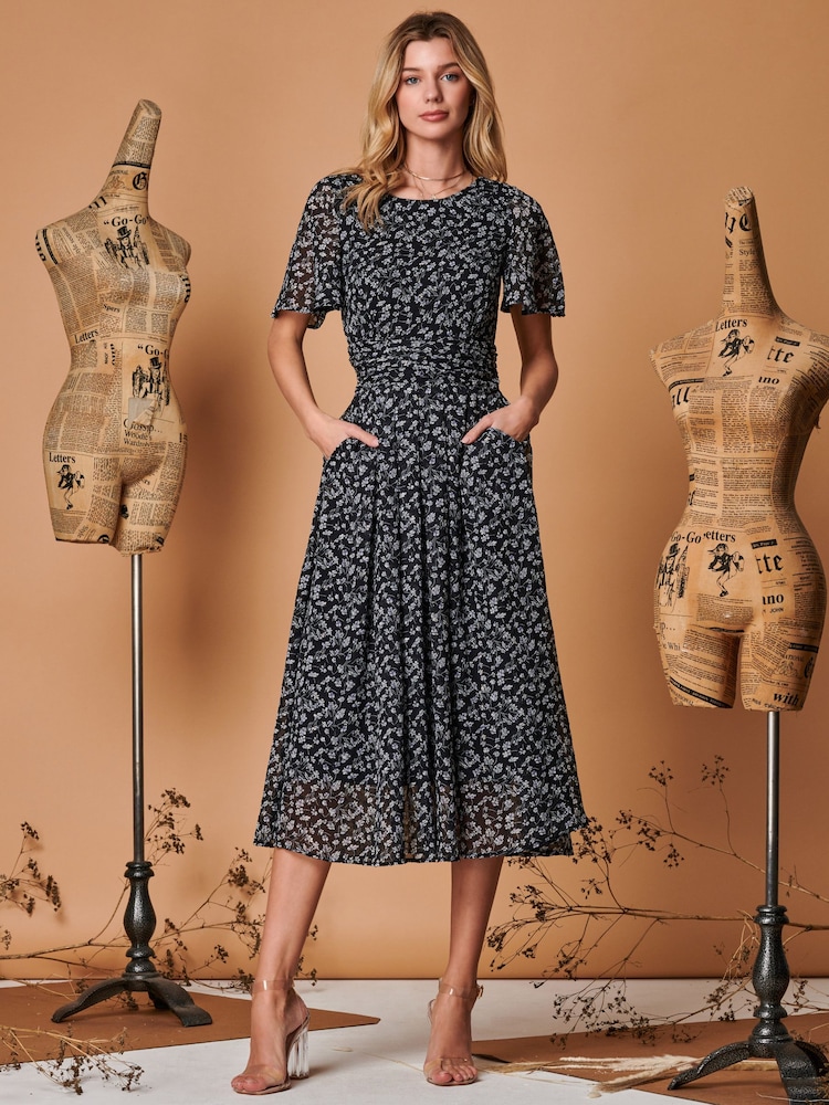 Jolie Moi Black Angel Sleeve Metallic Chiffon Midi Dress - Image 1 of 5