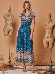 Jolie Moi Blue Carlii Symmetrical Print Mesh Maxi Dress - Image 1 of 5