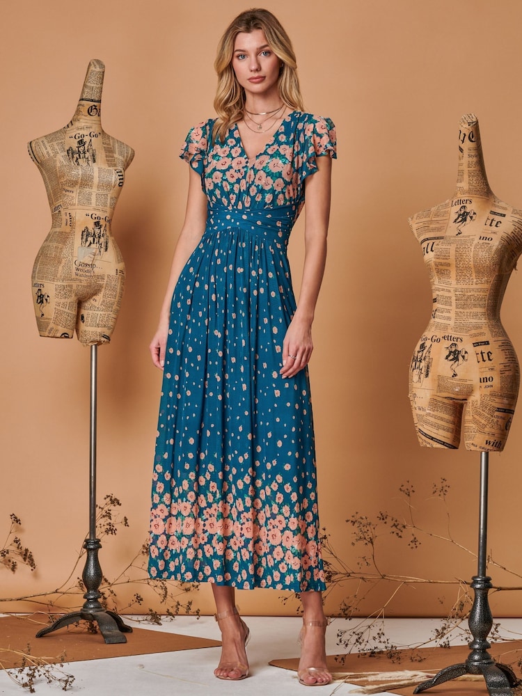 Jolie Moi Blue Carlii Symmetrical Print Mesh Maxi Dress - Image 1 of 5