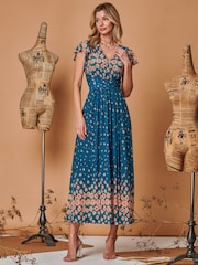 Jolie Moi Blue Carlii Symmetrical Print Mesh Maxi Dress - Image 3 of 5