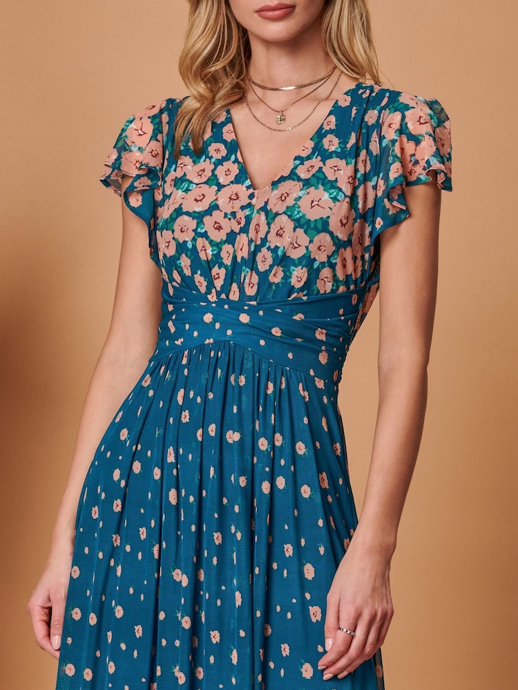 Jolie Moi Blue Carlii Symmetrical Print Mesh Maxi Dress - Image 5 of 5