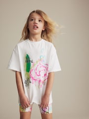 White Graffiti Oversized 100% Cotton T-Shirt and Cycle Shorts Set (3-16yrs) - Image 1 of 7