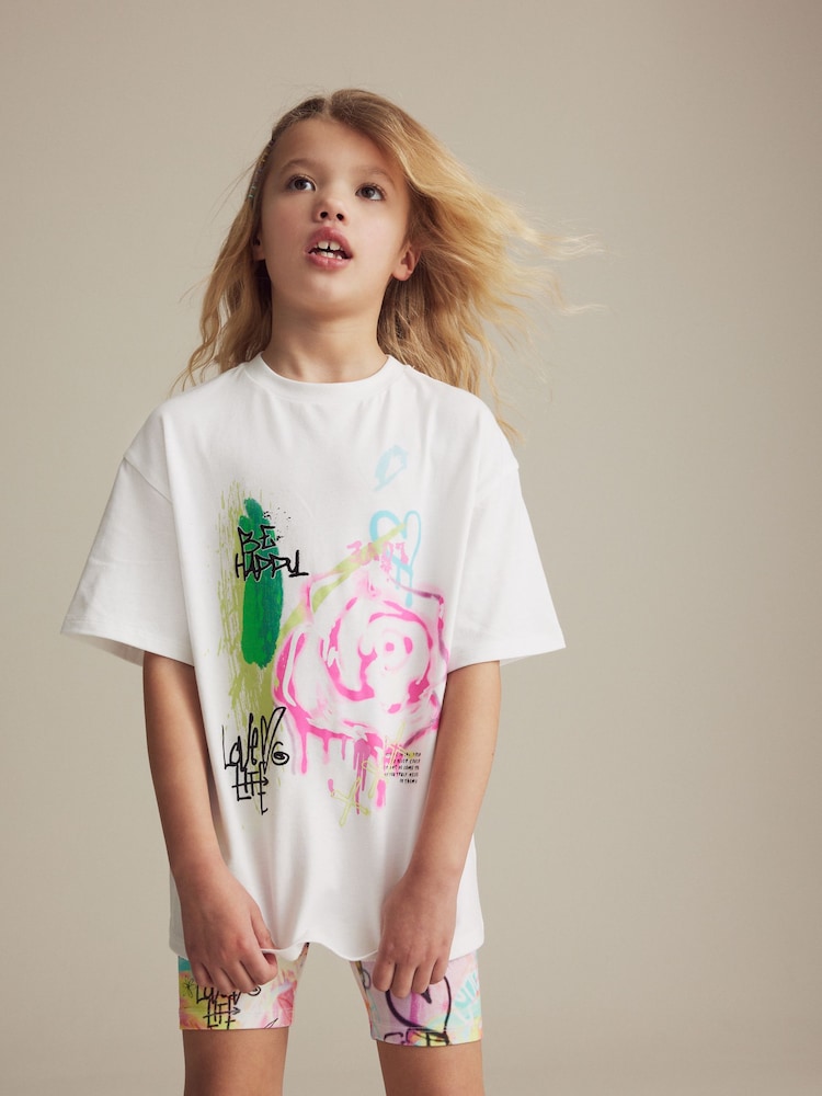 White Graffiti Oversized 100% Cotton T-Shirt and Cycle Shorts Set (3-16yrs) - Image 1 of 7