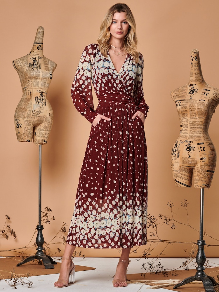 Jolie Moi Red Symmetrical Print Mesh Maxi Dress - Image 1 of 5