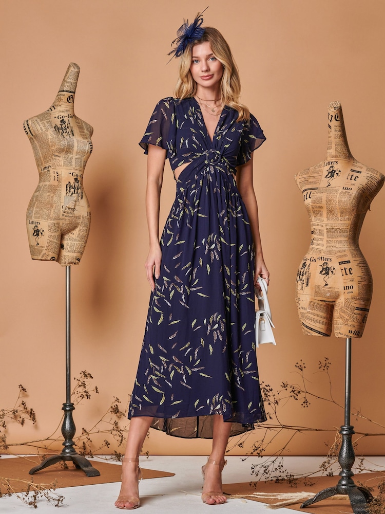 Jolie Moi Navy Blue Plunge Neckline Keyhole Chiffon Maxi Dress - Image 1 of 5