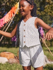 White/Blue Ditsy Floral Waistcoat and Shorts Set (3-16yrs) - Image 5 of 9
