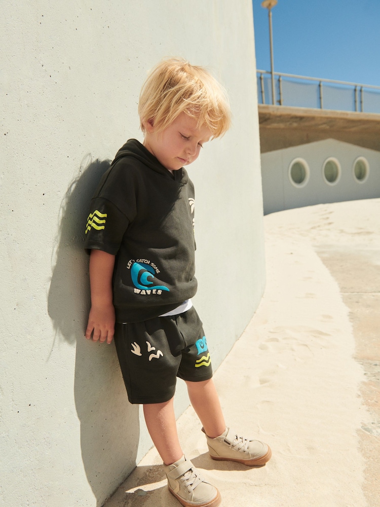 Charcoal Grey Waves 100% Cotton Short Sleeve Hooded Sweatshirt and Shorts Set (3mths-7yrs) - Image 1 of 7