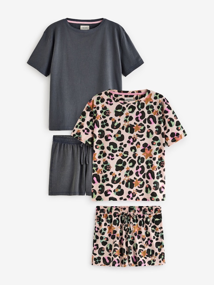 Charcoal Grey/Pink Animal Star 100% Cotton Short Set Pyjamas 2 Pack - Image 1 of 12