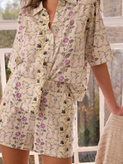Cream Floral 100% Cotton Button Through Shorts Set - Image 5 of 9