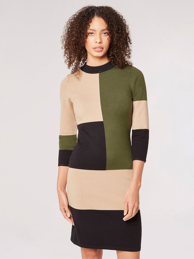 Apricot Green Constructive Colourblock Knit Dress - Image 1 of 4