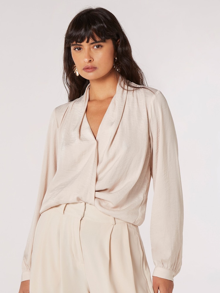 Apricot Cream Textured Satin Long Sleeve Wrap Top - Image 1 of 4 Apricot Cream Textured Satin Long Sleeve Wrap Top - Image 1 of 4