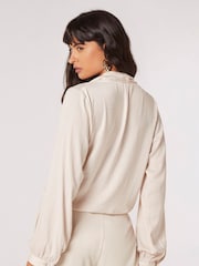 Apricot Cream Textured Satin Long Sleeve Wrap Top - Image 2 of 4