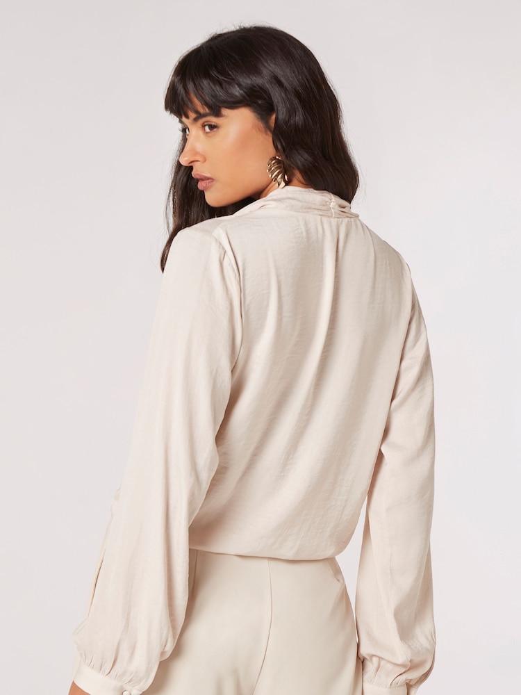 Apricot Cream Textured Satin Long Sleeve Wrap Top - Image 2 of 4 Apricot Cream Textured Satin Long Sleeve Wrap Top - Image 2 of 4