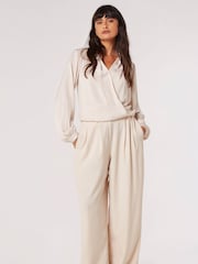 Apricot Cream Textured Satin Long Sleeve Wrap Top - Image 3 of 4