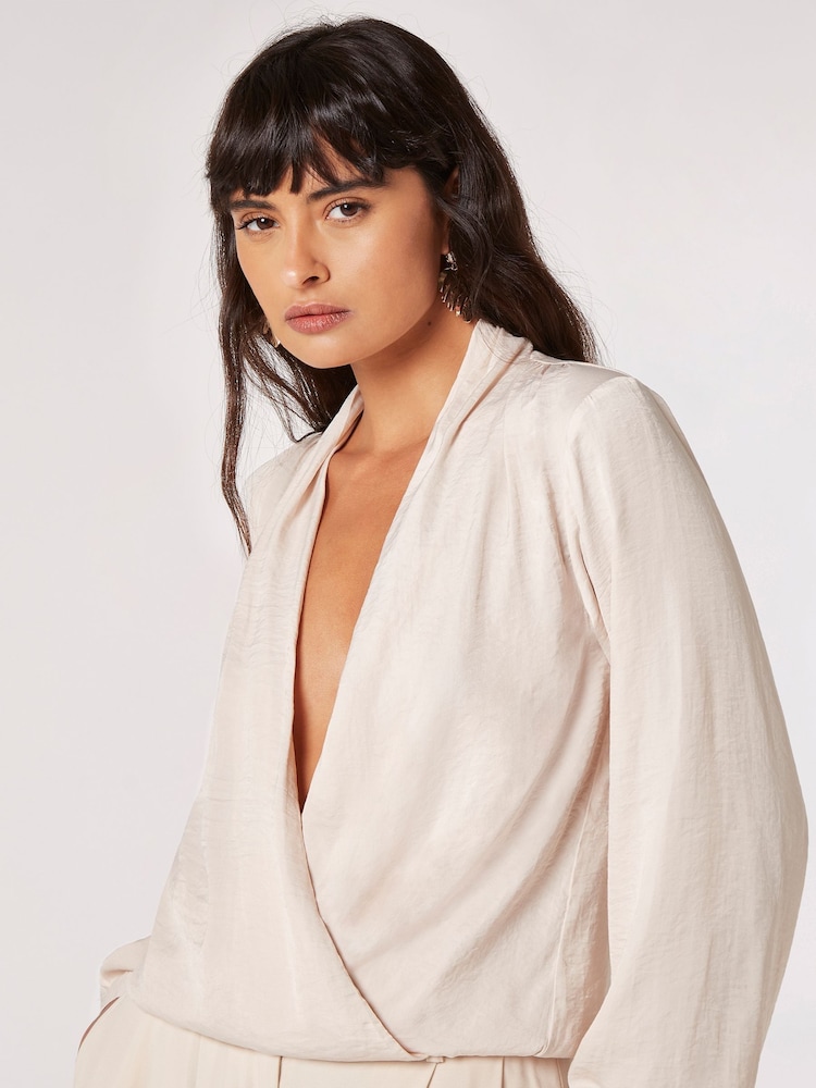 Apricot Cream Textured Satin Long Sleeve Wrap Top - Image 4 of 4 Apricot Cream Textured Satin Long Sleeve Wrap Top - Image 4 of 4