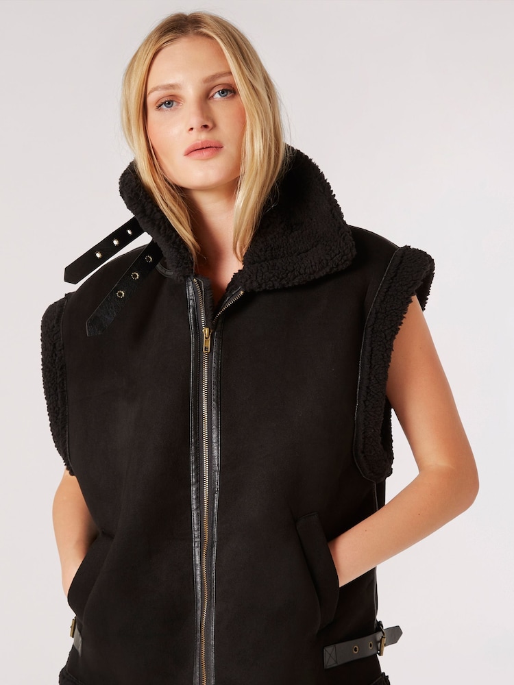 Apricot Black Borg Lined Faux Fur Suede Aviator Gilet - Image 1 of 5