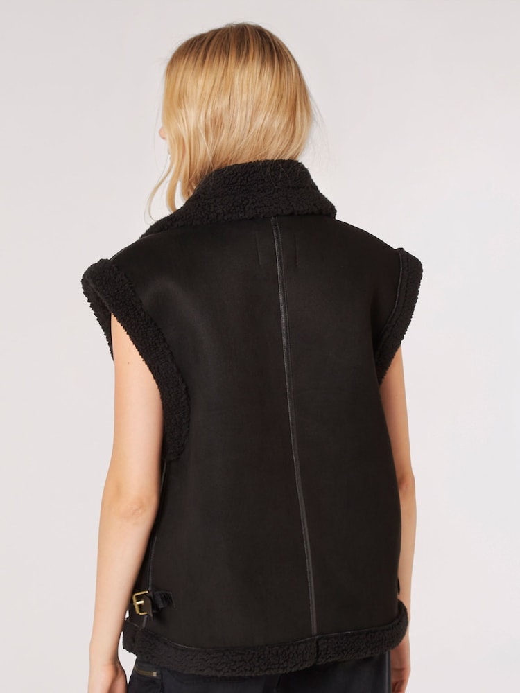 Apricot Black Borg Lined Faux Fur Suede Aviator Gilet - Image 2 of 5