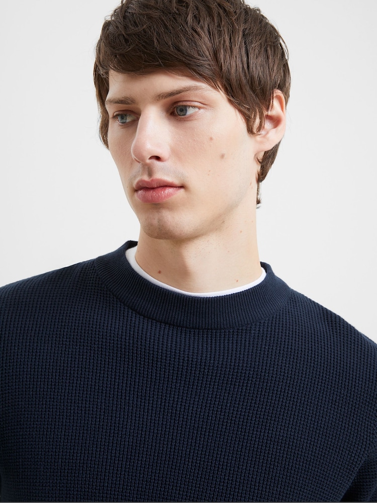 French Connection Blue Shadow Waffle 100% Cotton Micro Knit Jumper - Image 4 of 5