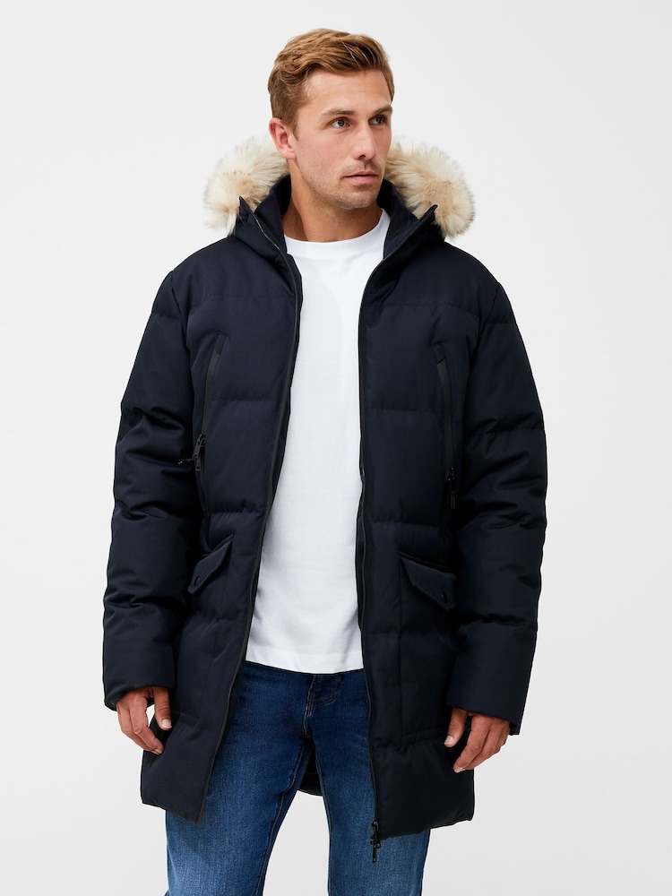 French Connection Dark Navy Blue Faux Fur Trim Parka - Image 1 of 5