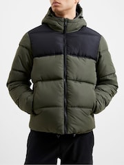French Connection Black/Khaki Green Mid Length Row Panel Hooded Jacket - Image 1 of 5