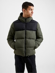 French Connection Black/Khaki Green Mid Length Row Panel Hooded Jacket - Image 3 of 5