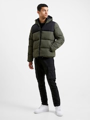 French Connection Black/Khaki Green Mid Length Row Panel Hooded Jacket - Image 4 of 5