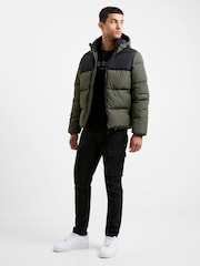 French Connection Black/Khaki Green Mid Length Row Panel Hooded Jacket - Image 5 of 5