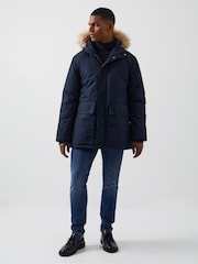 French Connection Blue Faux Fur Trim Long Length Parka Coat - Image 2 of 5