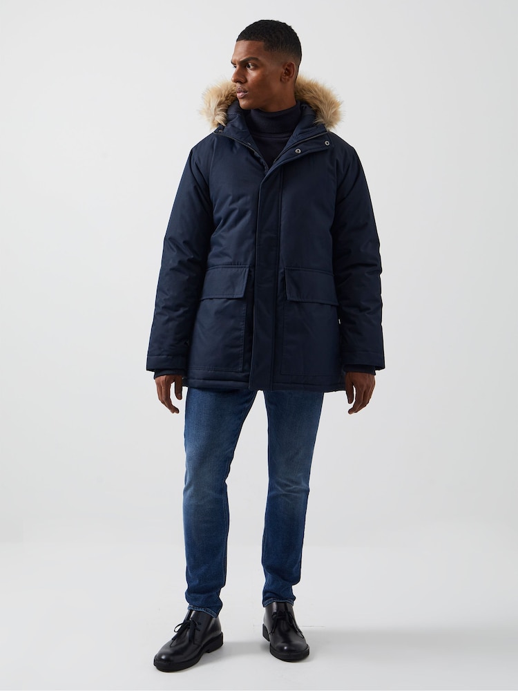 French Connection Blue Faux Fur Trim Long Length Parka Coat - Image 2 of 5