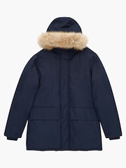 French Connection Blue Faux Fur Trim Long Length Parka Coat - Image 5 of 5