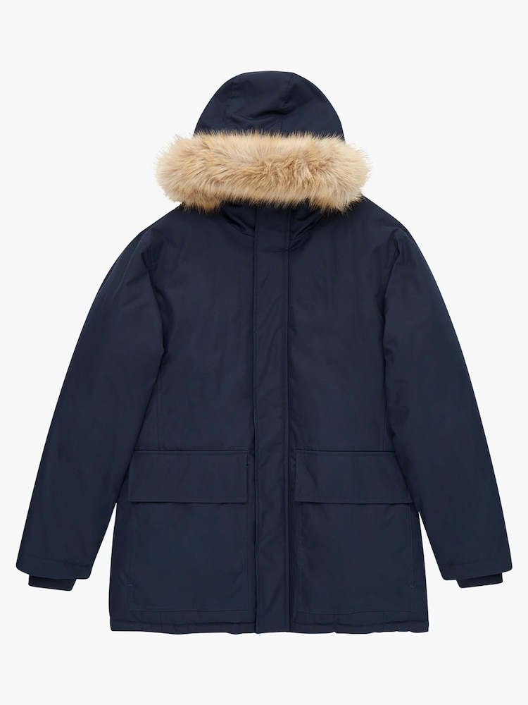 French Connection Blue Faux Fur Trim Long Length Parka Coat - Image 5 of 5