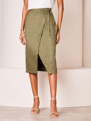 Lipsy Khaki Green Suedette Wrap Midi Skirt - Image 1 of 4