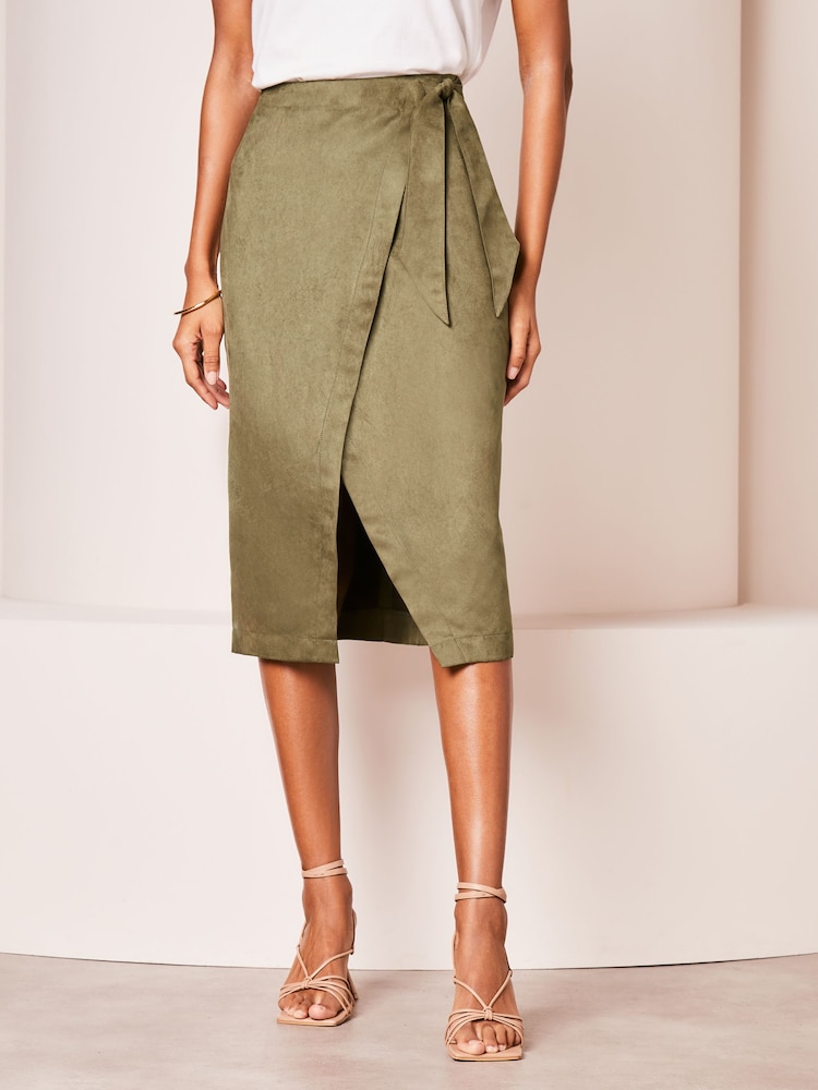 Lipsy Khaki Green Suedette Wrap Midi Skirt - Image 1 of 4