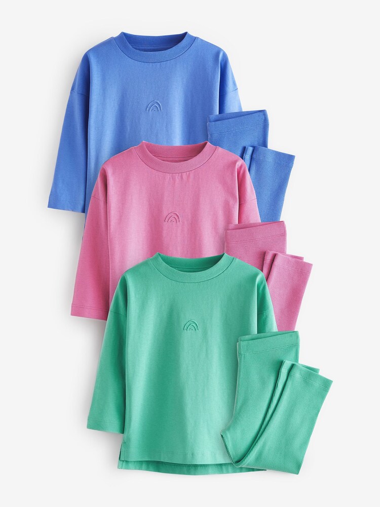 Pink/Blue/Green Rib Legging Pyjamas 3 Pack (9mths-12yrs) - Image 1 of 6