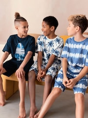 Marineblau/Weiß mit Batik-Surfprint - 100% Baumwolle, kurzer Pyjama, 3 Pack (6-16Jahre) - Bild 1 von 10