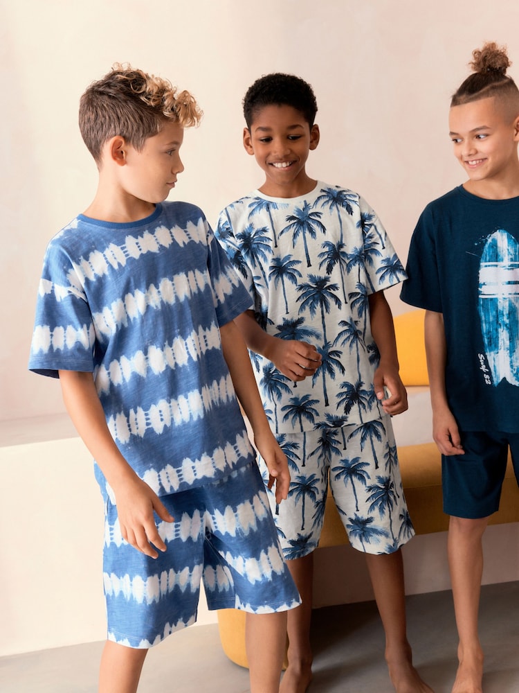 Marineblau/Weiß mit Batik-Surfprint - 100% Baumwolle, kurzer Pyjama, 3 Pack (6-16Jahre) - Bild 2 von 10