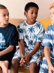 Marineblau/Weiß mit Batik-Surfprint - 100% Baumwolle, kurzer Pyjama, 3 Pack (6-16Jahre) - Bild 4 von 10