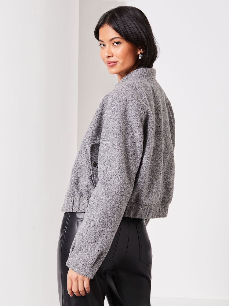 Lipsy Grey Brushed Boucle Bomber Jacket - Image 2 of 4 Lipsy Grey Brushed Boucle Bomber Jacket - Image 2 of 4