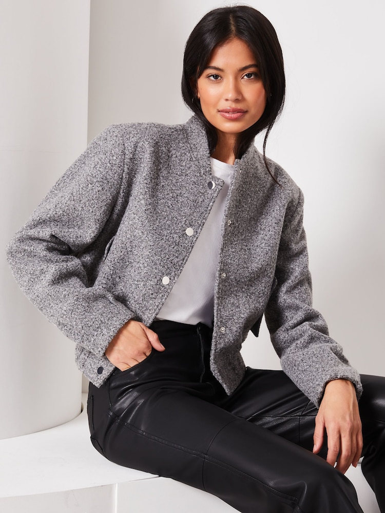 Lipsy Grey Brushed Boucle Bomber Jacket - Image 4 of 4 Lipsy Grey Brushed Boucle Bomber Jacket - Image 4 of 4