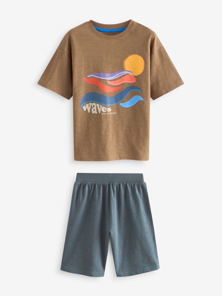 Braun/Gelb mit sommerlichem Wellendesign - 100% Baumwolle, kurzer Pyjama, 3 Pack (6-16Jahre) - Bild 2 von 7