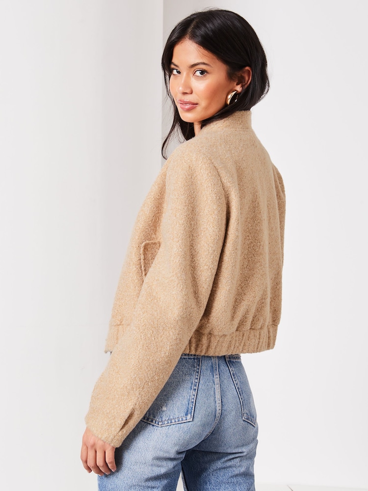 Lipsy Light Camel Brushed Boucle Bomber Jacket - Image 2 of 4 Lipsy Light Camel Brushed Boucle Bomber Jacket - Image 2 of 4
